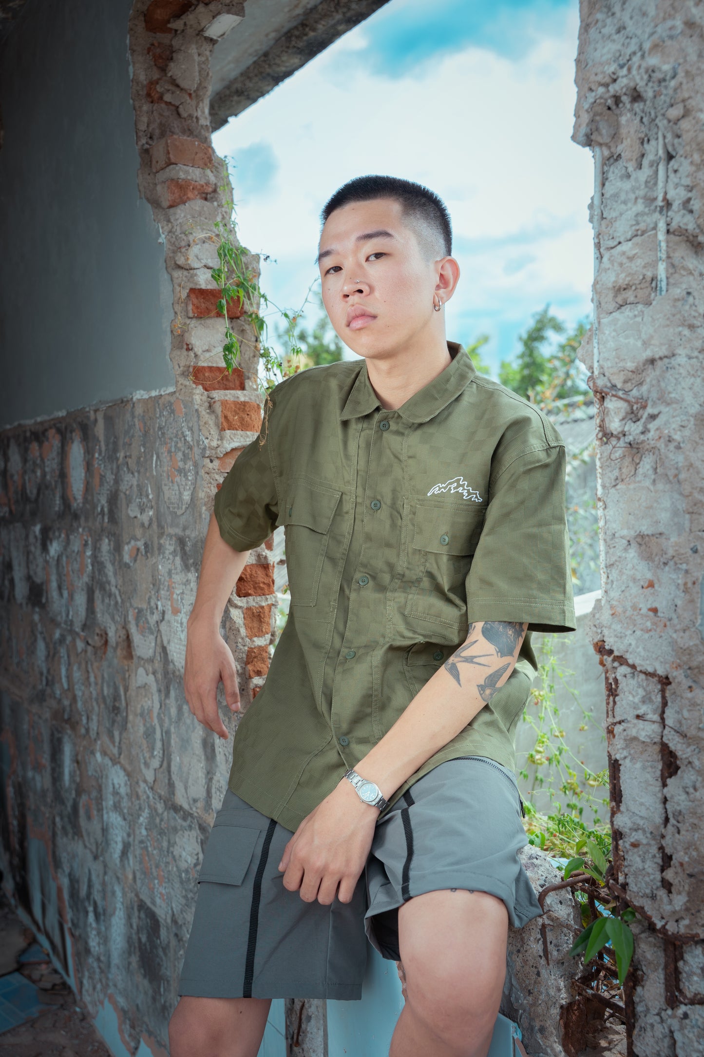 Hugo Shirt Grid Pattern Olive